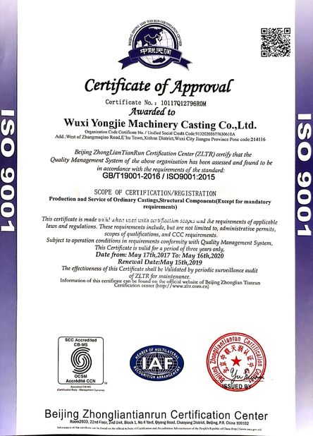 Κίνα Wuxi Yongjie Machinery Casting Co., Ltd. Πιστοποιήσεις